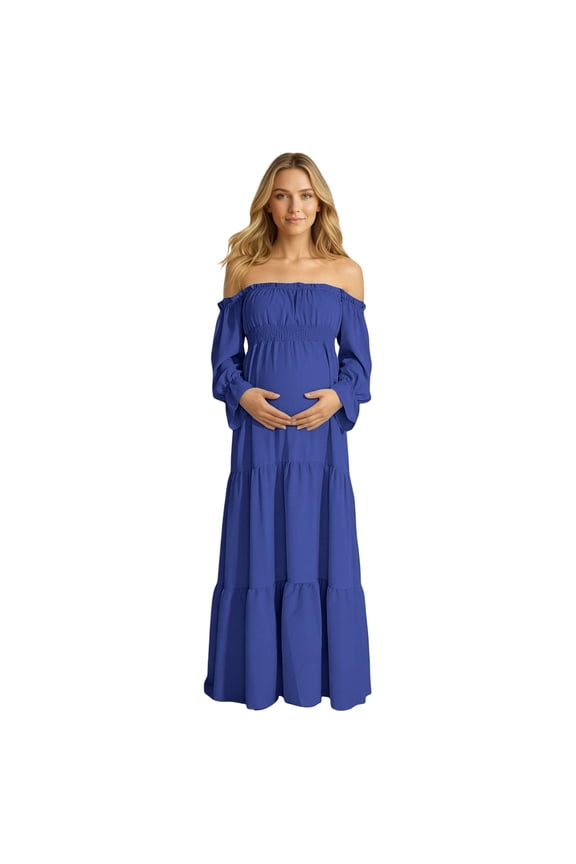 Women's Maternity 450g Stretch Spandex Gown, Off-The-Shoulder Ruffle Sleeve Tiered Maxi Dress, Flowy Boho Pregnancy Photography & Formal Long Dress, 1pc, S/M/L/XL/XXL