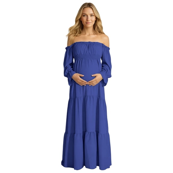 Unir Women's Maternity 450g Stretch Spandex Gown, Off-The-Shoulder Ruffle Sleeve Tiered Maxi Dress, Flowy Boho Pregnancy Photography & Formal Long Dress, 1pc, S/M/L/XL/XXL