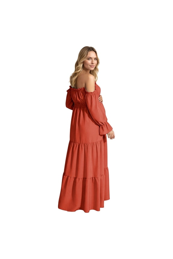 Women's Maternity 450g Stretch Spandex Gown, Off-The-Shoulder Ruffle Sleeve Tiered Maxi Dress, Flowy Boho Pregnancy Photography & Formal Long Dress, 1pc, S/M/L/XL/XXL