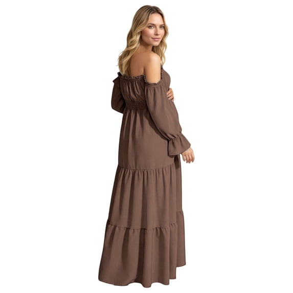 Unir Women's Maternity 450g Stretch Spandex Gown, Off-The-Shoulder Ruffle Sleeve Tiered Maxi Dress, Flowy Boho Pregnancy Photography & Formal Long Dress, 1pc, S/M/L/XL/XXL