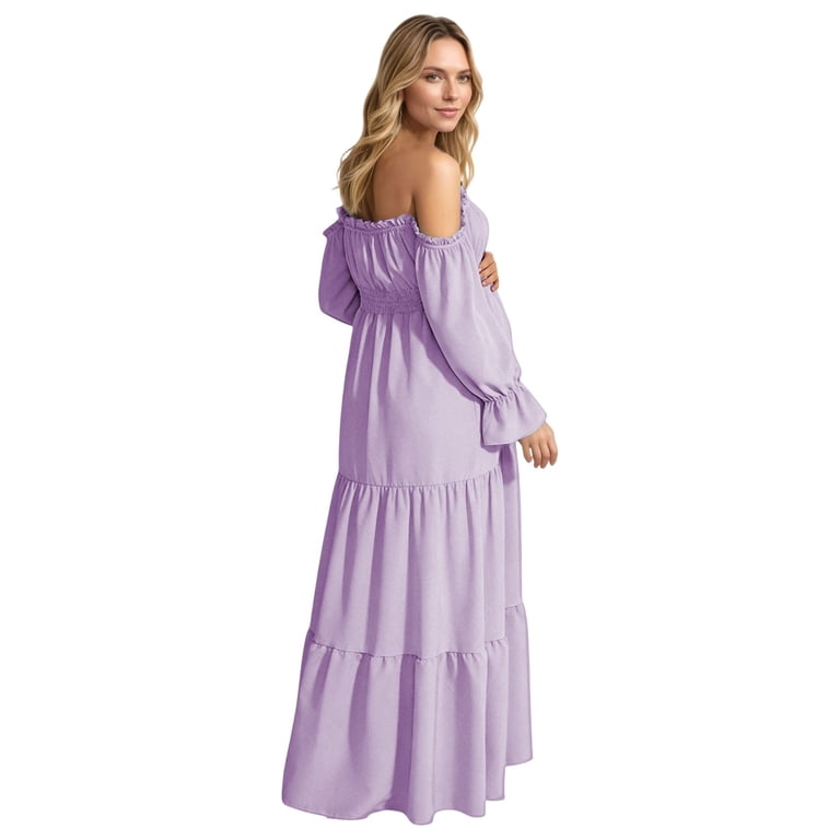 long flowy maternity maxi dresses Unir Women's 450g Stretch Spandex Gown, Off-The-Shoulder Ruffle Sleeve Tiered Dress, Boho Pregnancy Photography & Formal lost