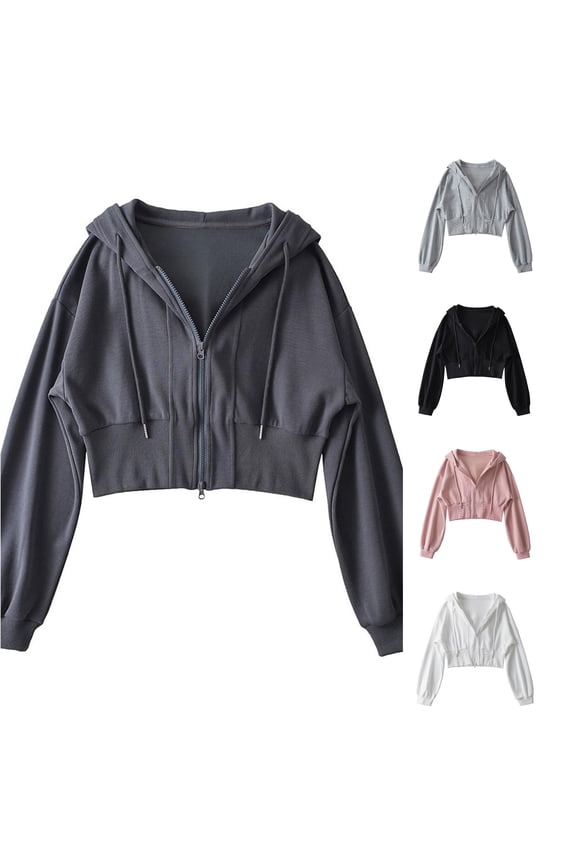 Women's Minimal Cropped Layering Hoodie Double Zip Bubble Sleeve Drawstring Terry Cloth Long Sleeve Casual Jacket Top 1PC M-XL Plus Size Friendly