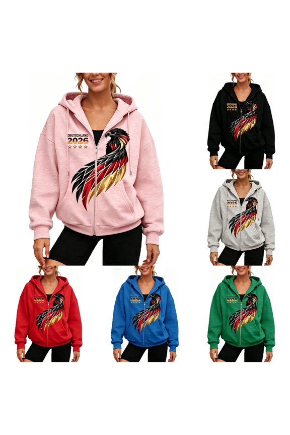 Women's National Pride Layering Zip Hoodie German Eagle Flag Oversized Drawstring Pocket Long Sleeve Casual Jacket Top 1PC S-XXXXL Plus Size Friendly