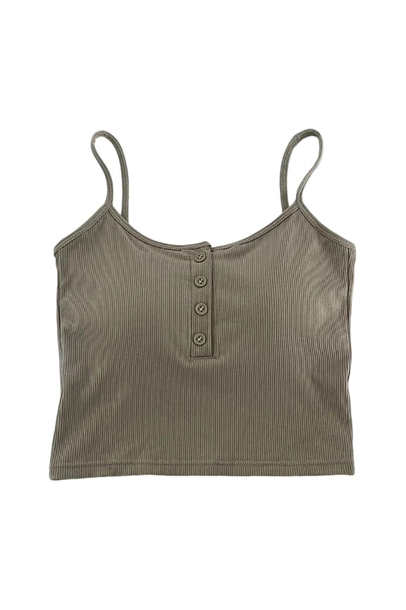 Women's Padded Ribbed Cami Top Cropped Button Front Spaghetti Strap Casual Summer Sleeveless Tank, 1 Piece, One Size Plus Size Friendly