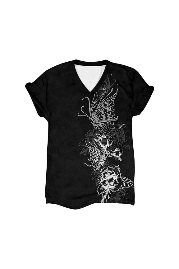 Women's Paris France Graphic V-Neck Tee, Butterfly Floral Print Loose Fit Casual Summer T-Shirt for Home & Outdoor Outings, 1PC, S-XXXL