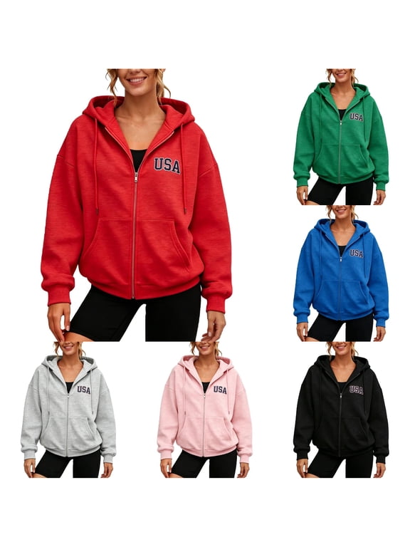 Women's Patriotic Layering Zip Hoodie USA Chest Embroidery Oversized Drawstring Pocket Long Sleeve Casual Jacket Top 1PC S-XXXXL Plus Size Friendly