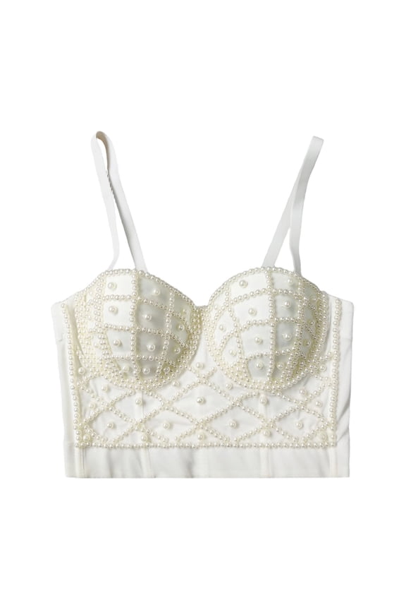 Women's Pearl Embellished Crop Top, White Sweet & Cool Bustier Cami, 34B-42D