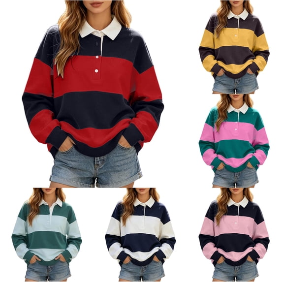 Unir Women's Preppy Stripe Layering Polo Sweatshirt Color Block Collared Button Oversized Long Sleeve Casual Top 1PC S-XXXXXL Plus Size Friendly