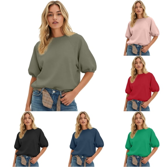 Unir Women's Raglan Puff Half Sleeve Crewneck Sweatshirt Oversized Cotton Feel Spring Casual Layering Top 1PC S-XXXL Plus Size Friendly
