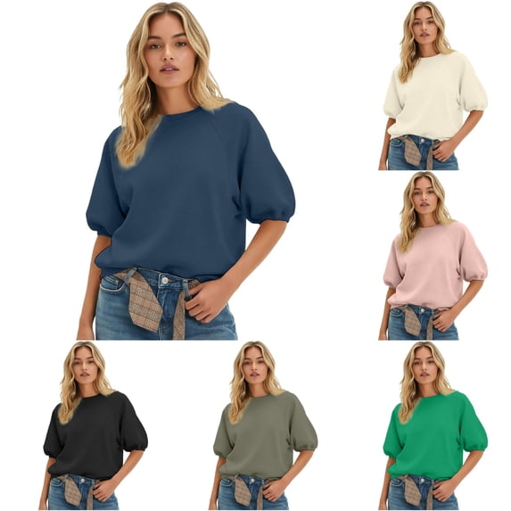 Unir Women's Raglan Puff Half Sleeve Crewneck Sweatshirt Oversized Cotton Feel Spring Casual Layering Top 1PC S-XXXL Plus Size Friendly
