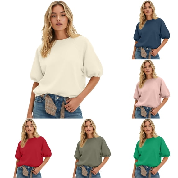 Unir Women's Raglan Puff Half Sleeve Crewneck Sweatshirt Oversized Cotton Feel Spring Casual Layering Top 1PC S-XXXL Plus Size Friendly