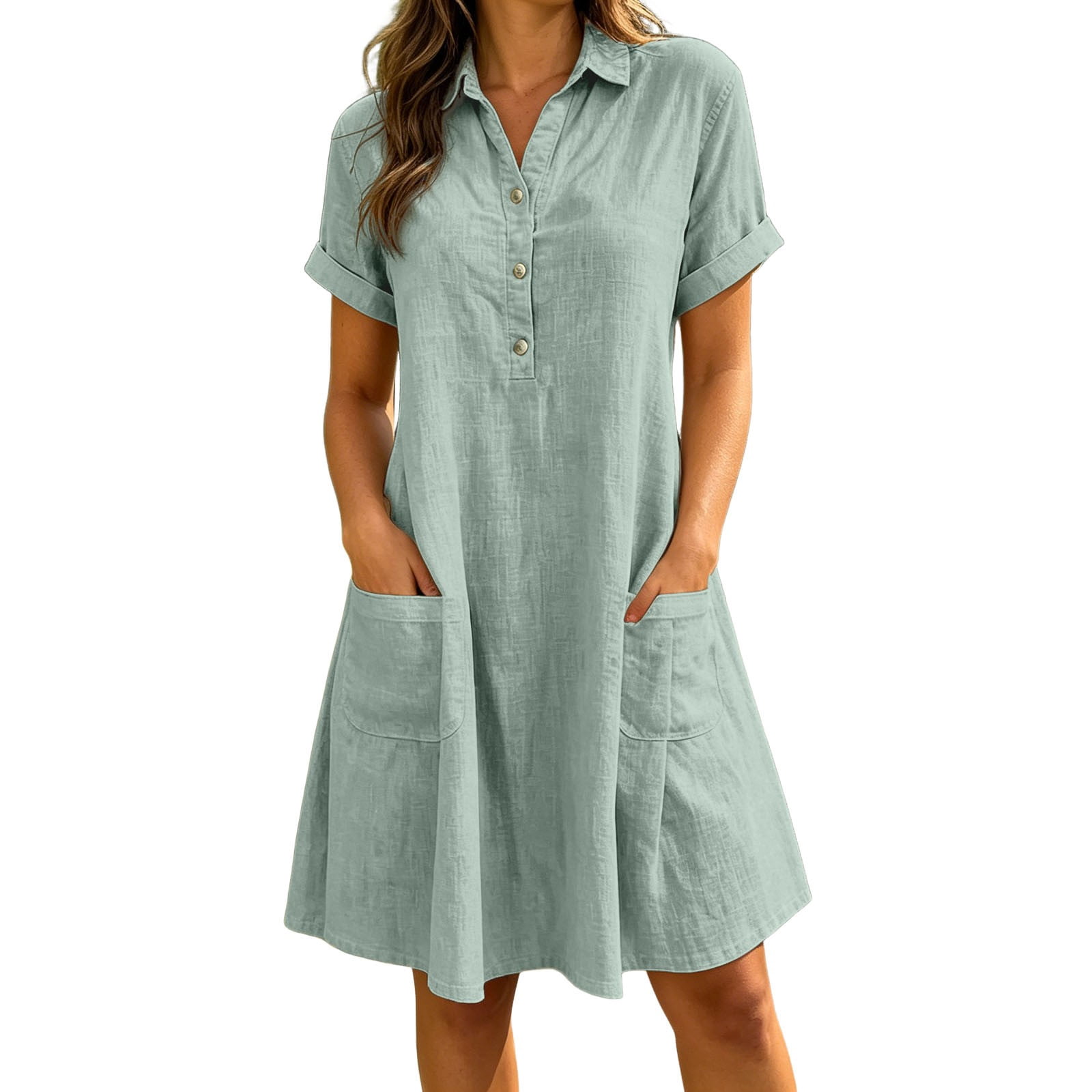 ワンピース half-sleeves shirt-dress Unir Women's Short Sleeve Collared Shirt Dress, Loose Fit Casual