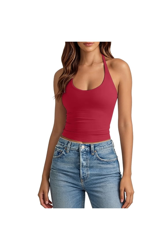 Women's Slim Fit Halter Tank, Solid Color Spring Cami Top with Scoop Neck, S-XXL