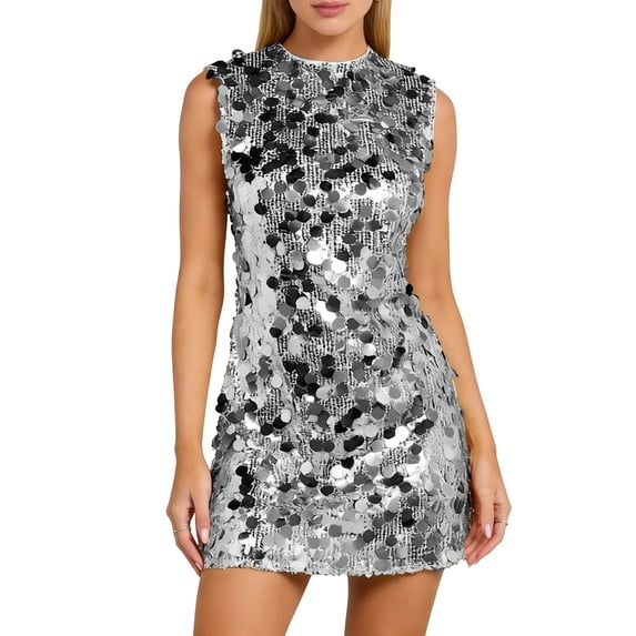 Unir Women's Sparkly Sequin Dress, Sleeveless Bodycon Mini Dress for Party & Clubwear Events, 1PC, S-XL