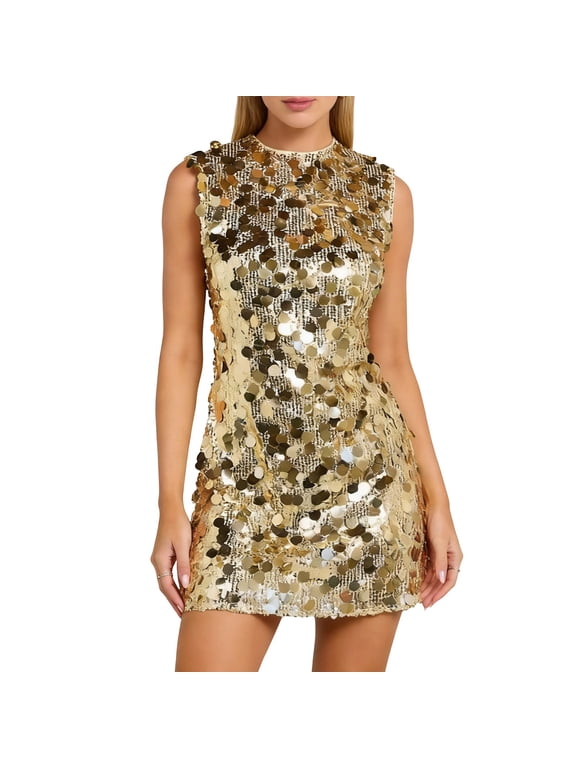 Women's Sparkly Sequin Dress, Sleeveless Bodycon Mini Dress for Party & Clubwear Events, 1PC, S-XL