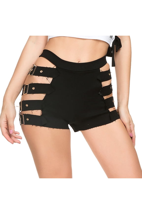 Women’s Streetwear Cut-Out High Waist Shorts, Durable Cotton-Blend Hot Pants with Adjustable Straps, Black/White, S/M/L/XL/XXL