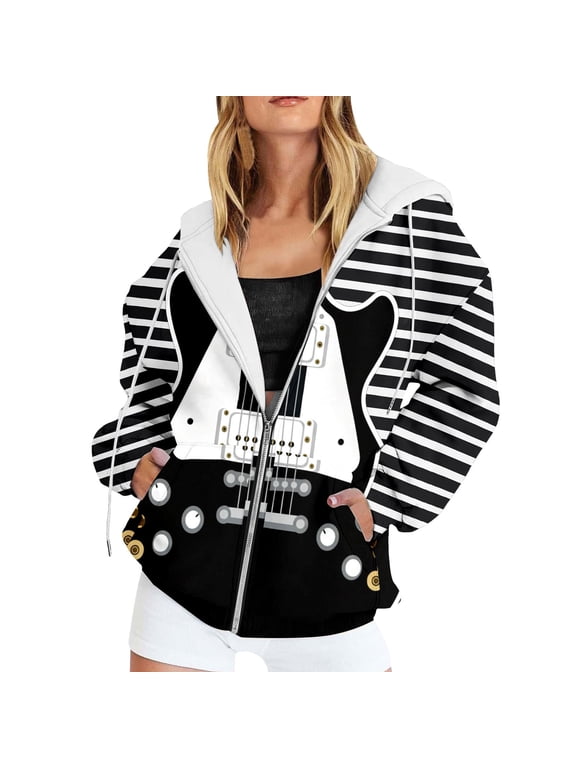 Women's All Over Striped Electric Guitar Full Zip Hoodie Oversized Long Sleeve Rock Music Casual Layering Jacket Top 1PC S-XXXXL Plus Size Friendly