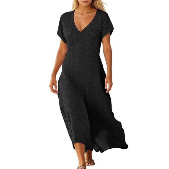 Unir Women's Summer Maxi Dress, Solid Color Eyelet Short Sleeve V-Neck Casual Dress for Daily & Travel, 1PC, S-XXL