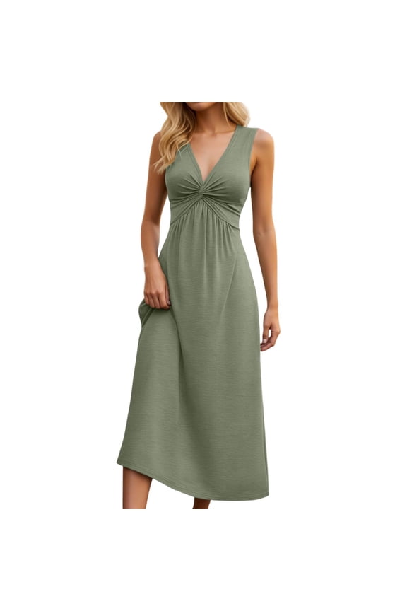 Women's Summer Midi Dress, Sleeveless V-Neck Twist Front Ruched Waist Flowy Casual Dress for Vacation & Daily Use, 1PC, S-XXL