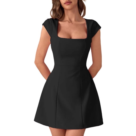 Unir Women's Summer Mini Dress, Square Neck Cap Sleeve Solid Color Flared A-Line Dress with Stretch, 1PC, XS-L