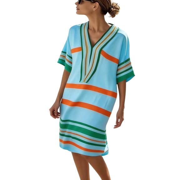 Unir Women's Summer Striped Dress, V-Neck Loose Fit Kaftan Beach Cover Up for Resort & Daily Wear, 1PC, S-XXXL