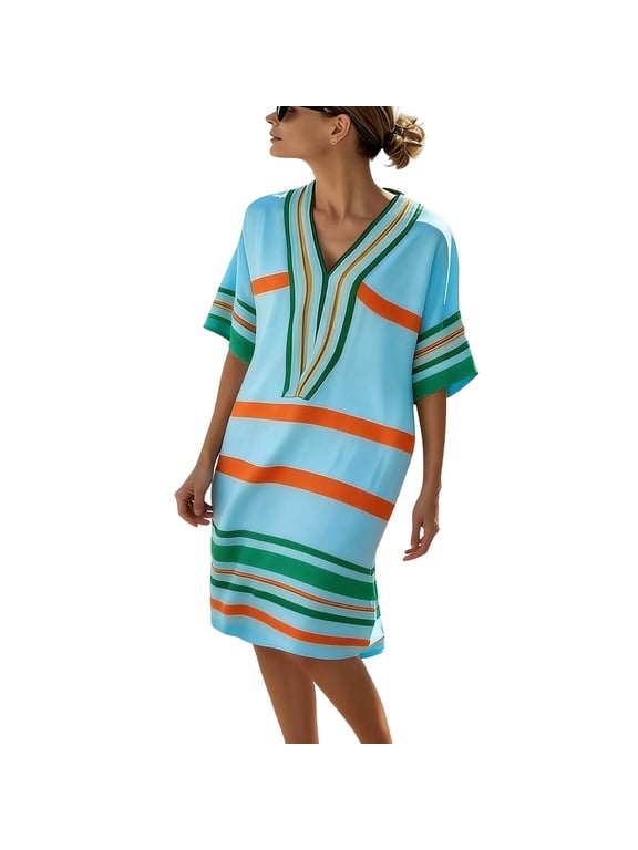 Women's Summer Striped Dress, V-Neck Loose Fit Kaftan Beach Cover Up for Resort & Daily Wear, 1PC, S-XXXL