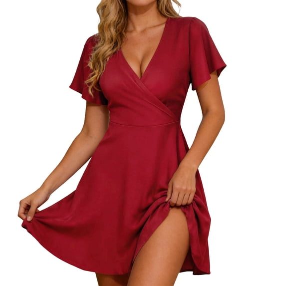Unir Women's Summer Wrap Dress, Ditsy Floral V-Neck Short Sleeve A-Line Casual Dress for Beach & Vacation, 1PC, S-XXL