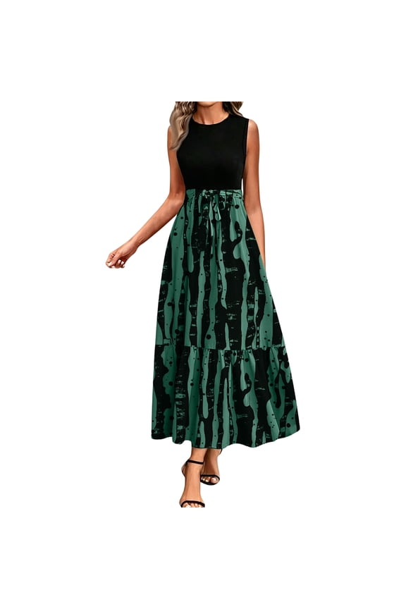 Women’s Two-Tone Sleeveless Long Dress, Elastic Waist Graffiti Print Casual Dress, Breathable Imitation Cotton Everyday Dress, 1 Piece, Sizes S Through 2XL