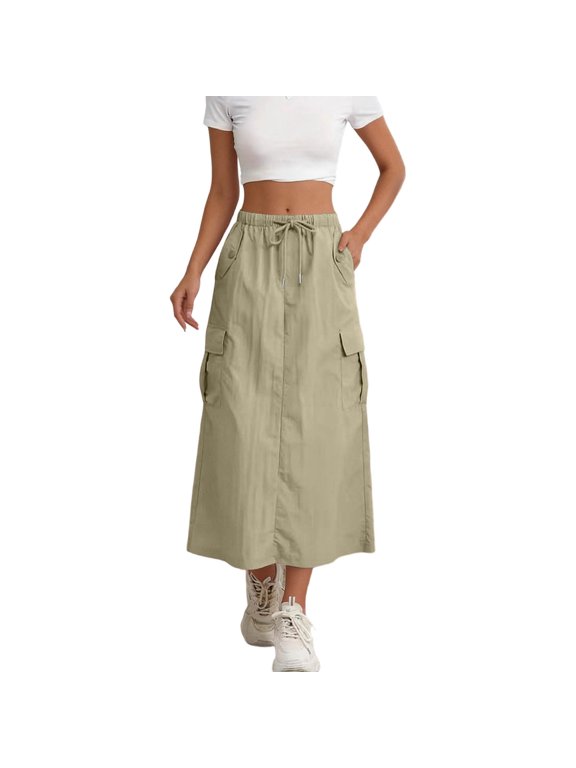 Women's Utility Midi Skirt, High Waist Drawstring Split Cargo Skirt, 1PC, S-XXL