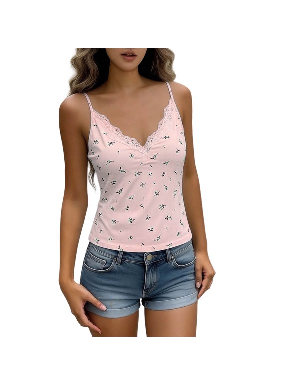 Women's V-Neck Floral Tank Top with Padded Cups Lace Spaghetti Strap Casual Summer Cami, 1 Piece, One Size