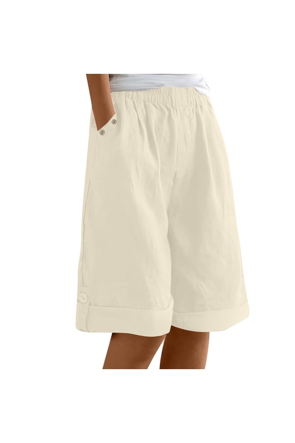 Women’s Vacation Linen-Look Shorts, Elastic Waist Rolled Hem Shorts with Pockets, Multi-Color, S/M/L/XL/XXL