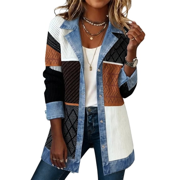 Unir Womens Cardigan Sweaters For Women Denim Lapel Patchwork Mixed‑Knit Button‑Down Mid‑Length Loose Sweater Blazer 1‑Pack S‑XXL Plus Size Friendly