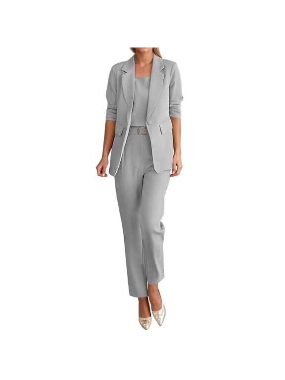 Womens Casual Three Piece Pant Suit Outfits, Lapel Loose Blazer + Sleeveless Tank Top + Straight Ankle Trousers Resistant Polyester Office Casual Sets Black Khaki Grey M-XXXXL