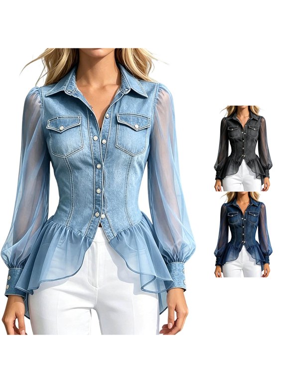 Womens Chiffon Denim Spliced Button Front Blouse, Lapel Long Sheer Bubble Sleeve Fitted Irregular Peplum Shirt, Lightweight Transitional Casual Tailored Top, Three Color Choices