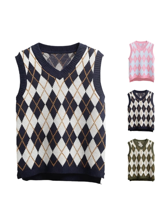 Womens Knit Sleeveless Vest, V Neck Argyle Plaid Polyester Waistcoat Resistant Easy Care Preppy Daily Layering Top 4 Colors S-XL True To Size