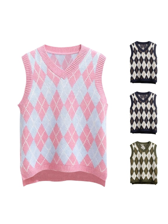 Womens Knit Sleeveless Vest, V Neck Argyle Plaid Polyester Waistcoat Resistant Easy Care Preppy Daily Layering Top 4 Colors S-XL True To Size