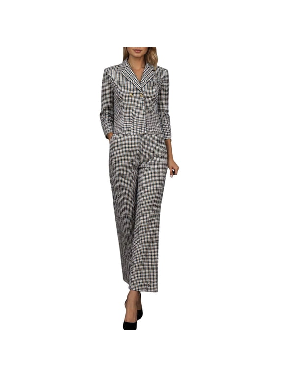 Womens Plaid Pant Suit 2 Piece Outfits, Notched Collar Cropped Blazer & Relaxed Wide Leg Pants Wrinkle Resistant Polyester Casual Business Sets Coffee Grey S-XXXL True To Size