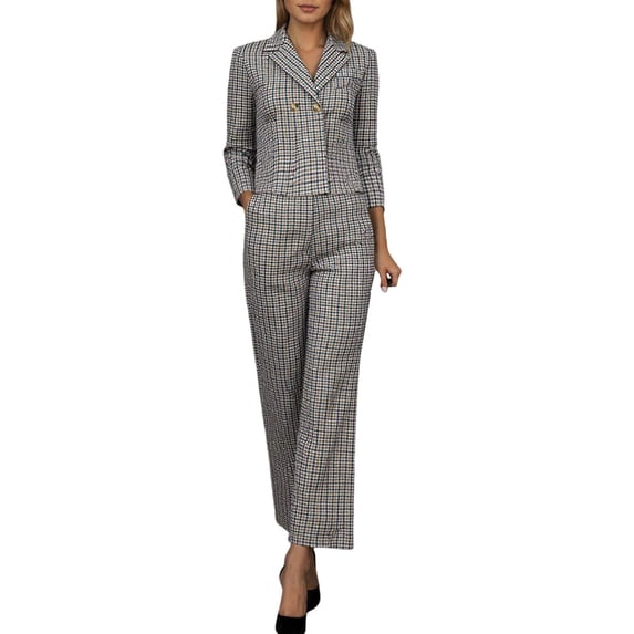 Unir Womens Plaid Pant Suit 2 Piece Outfits, Notched Collar Cropped Blazer & Relaxed Wide Leg Pants Wrinkle Resistant Polyester Casual Business Sets Coffee Grey S-XXXL True To Size