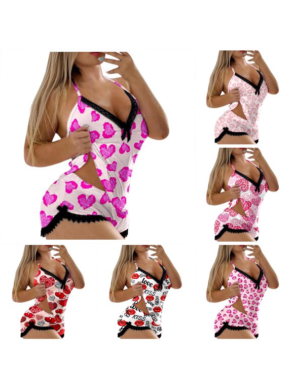 Womens Sleepwear, Valentines Heart Pattern Sleeveless Halter Two‑Piece Pajama Short Suit, Decorative Lace Cutout Loungewear, Soft Polyester Fabric, 2 Pieces, S‑XXL, Plus Size Friendly