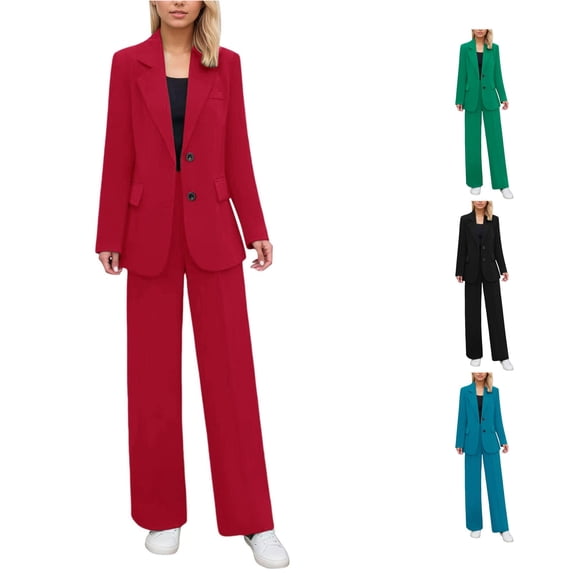 Unir Womens Solid Color Business Pant Suit 2 Piece Outfits, Notched Collar Long Sleeve Blazer & Relaxed Wide Leg Trousers Wrinkle Resistant Polyester Casual Formal SetsM-XXXXXL True To Size