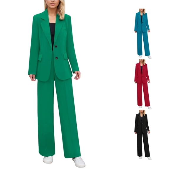 Unir Womens Solid Color Business Pant Suit 2 Piece Outfits, Notched Collar Long Sleeve Blazer & Relaxed Wide Leg Trousers Wrinkle Resistant Polyester Casual Formal SetsM-XXXXXL True To Size