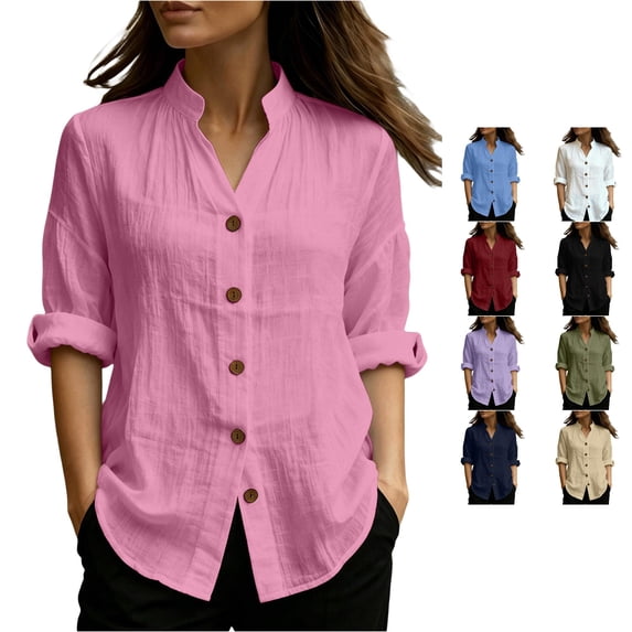 Unir Womens Solid Linen Button Down Blouse, Stand Collar Roll Tab Long Sleeve Loose Fit Casual Shirt, Resistant Lightweight Everyday Top, 1 Piece, S-XXL, Plus Size Friendly, True To Size