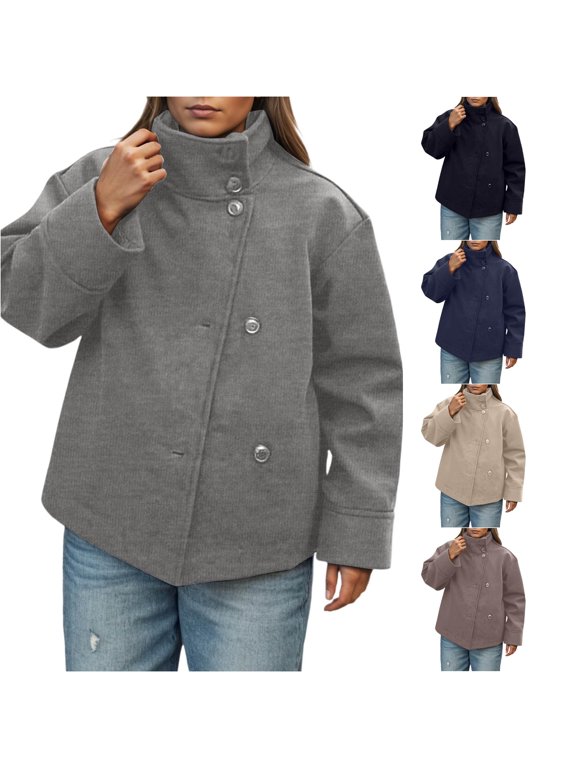 Womens Stand Collar Asymmetric Button Polyester Wool Blend Cropped Coat Dual Side Patch Pockets Opaque Five Color Durable Easy Care Oversized Loose Winter Outerwear 1 Count S-L True To Size