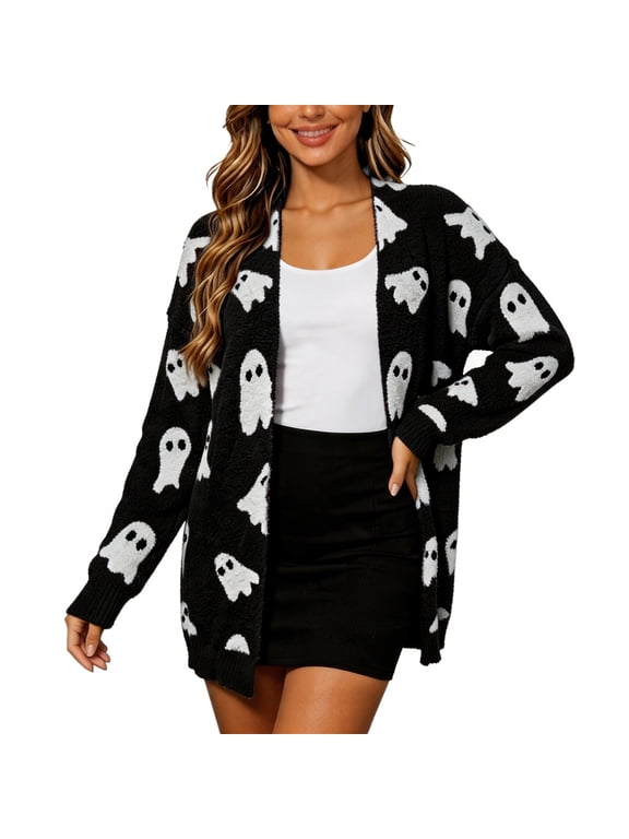 Womens Sweaters Fall Sweaters For Women Oversized Cardigan Sweaters For Women Ghost Pattern Open Front Long Knit Sweater Jacket Outerwear 1‑Pack S‑XXL Plus Size Friendly
