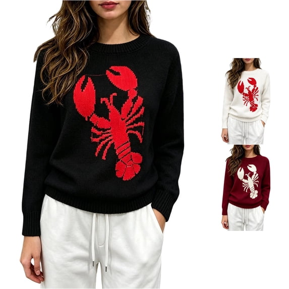 Unir Womens Sweaters, Oversized Sweaters For Women, Lobster Graphic Knit Pullover Sweater, Round Neck Casual Knitwear, S‑XXL, Plus Size Friendly