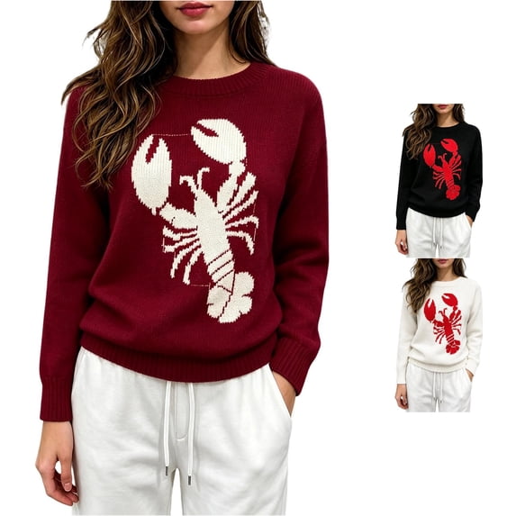 Unir Womens Sweaters, Oversized Sweaters For Women, Lobster Graphic Knit Pullover Sweater, Round Neck Casual Knitwear, S‑XXL, Plus Size Friendly