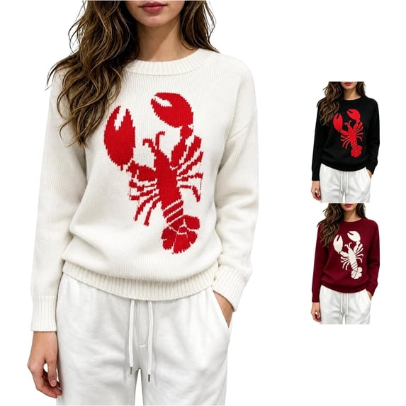 Unir Womens Sweaters, Oversized Sweaters For Women, Lobster Graphic Knit Pullover Sweater, Round Neck Casual Knitwear, S‑XXL, Plus Size Friendly