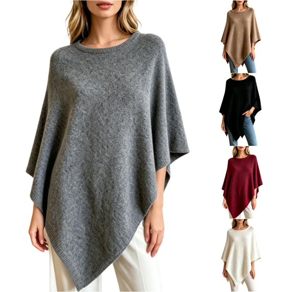 Unir Womens Sweaters, Pullover Sweaters For Women, Knit Poncho Shawl Sweater, Wide Round Neck Draped Asymmetric Hem Cape Wrap, One Size