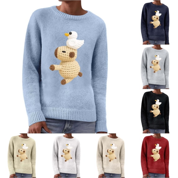 Unir Womens Sweaters, Pullover Sweaters For Women, Adorable Capybara Duck Graphic Knit Sweater Top, Crew Neck Loose Long Sleeve Casual Ladies Sweater, Multi‑Color S‑XXL, Plus Size Friendly