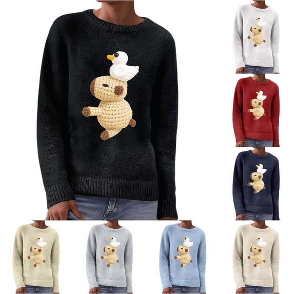 Unir Womens Sweaters, Pullover Sweaters For Women, Adorable Capybara Duck Graphic Knit Sweater Top, Crew Neck Loose Long Sleeve Casual Ladies Sweater, Multi‑Color S‑XXL, Plus Size Friendly